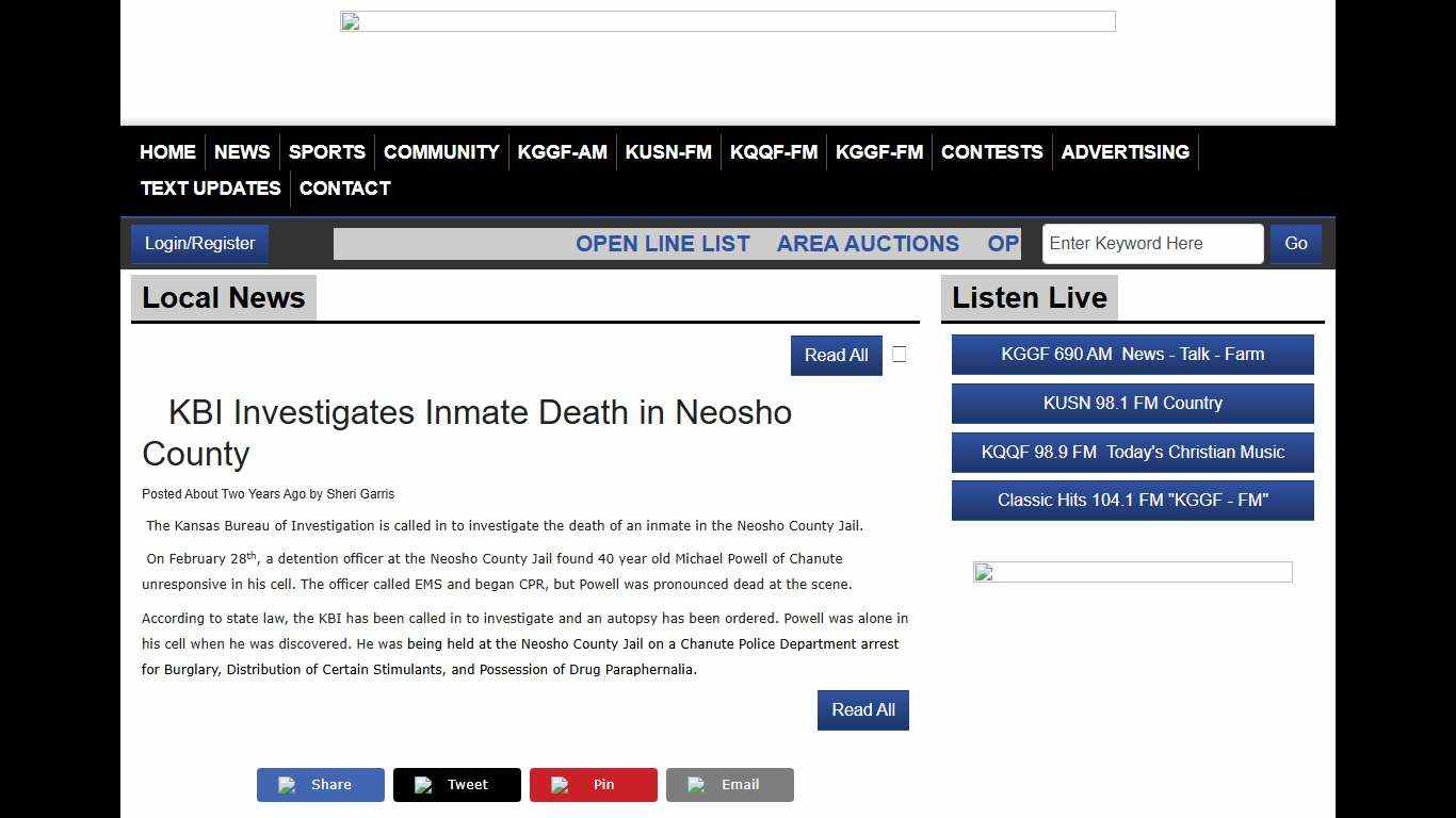 KBI Investigates Inmate Death in Neosho County